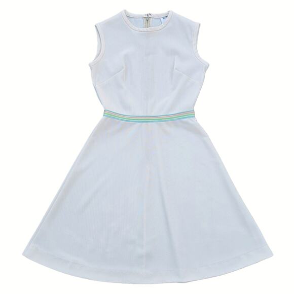 VTG Fit Flare Dress Off White Double Knit Sleeveless Pastel Stripe Vintage 70s - Picture 8 of 8